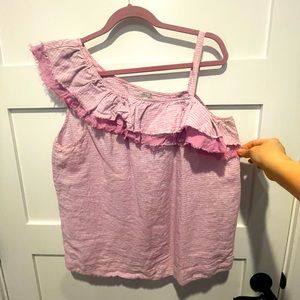 Anthropologie Asymmetrical tank with ruffle sleeve L side and strap on R.